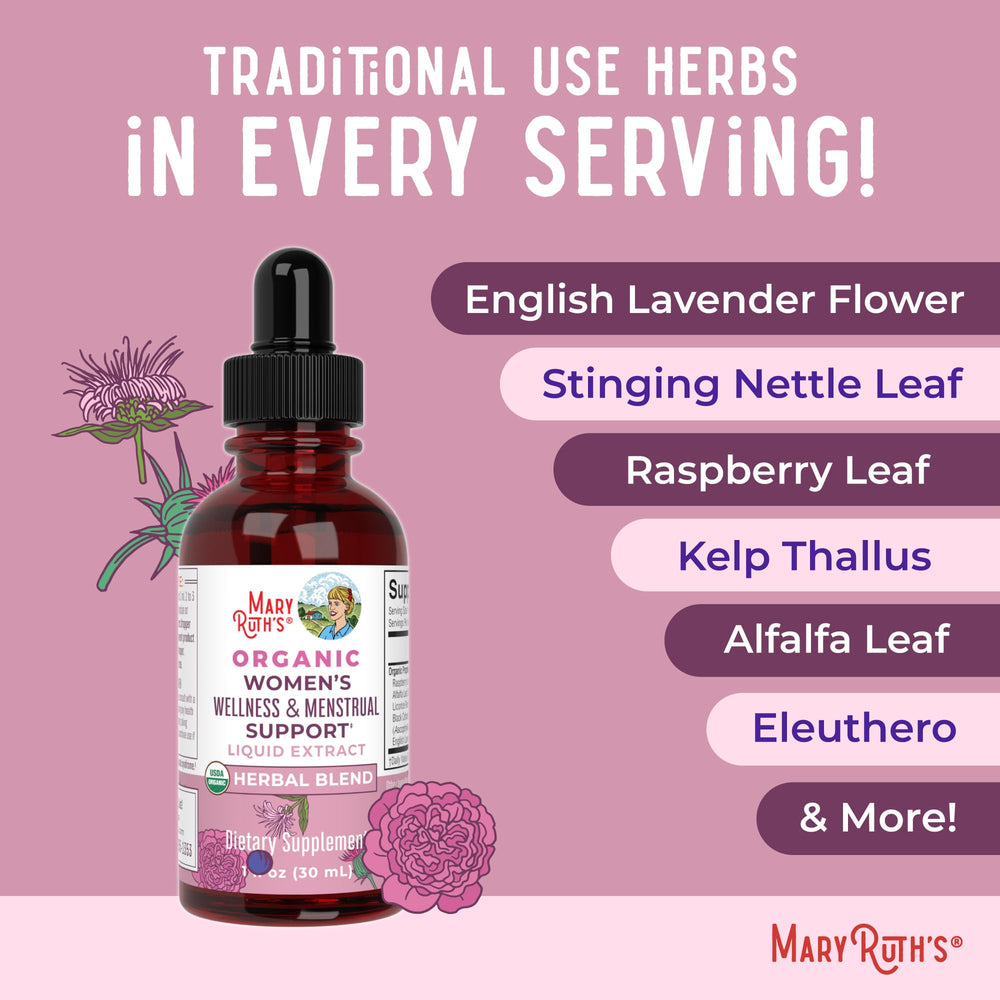 Ingredients panel of MaryRuth's Wellness Drops highlights traditional botanicals.