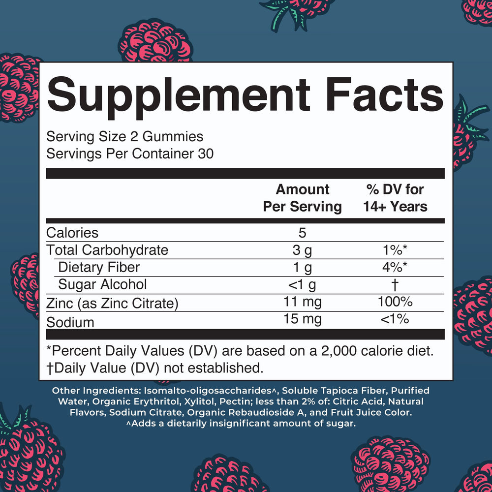 MaryRuth's Zinc Gummies bottle back details servings and ingredients