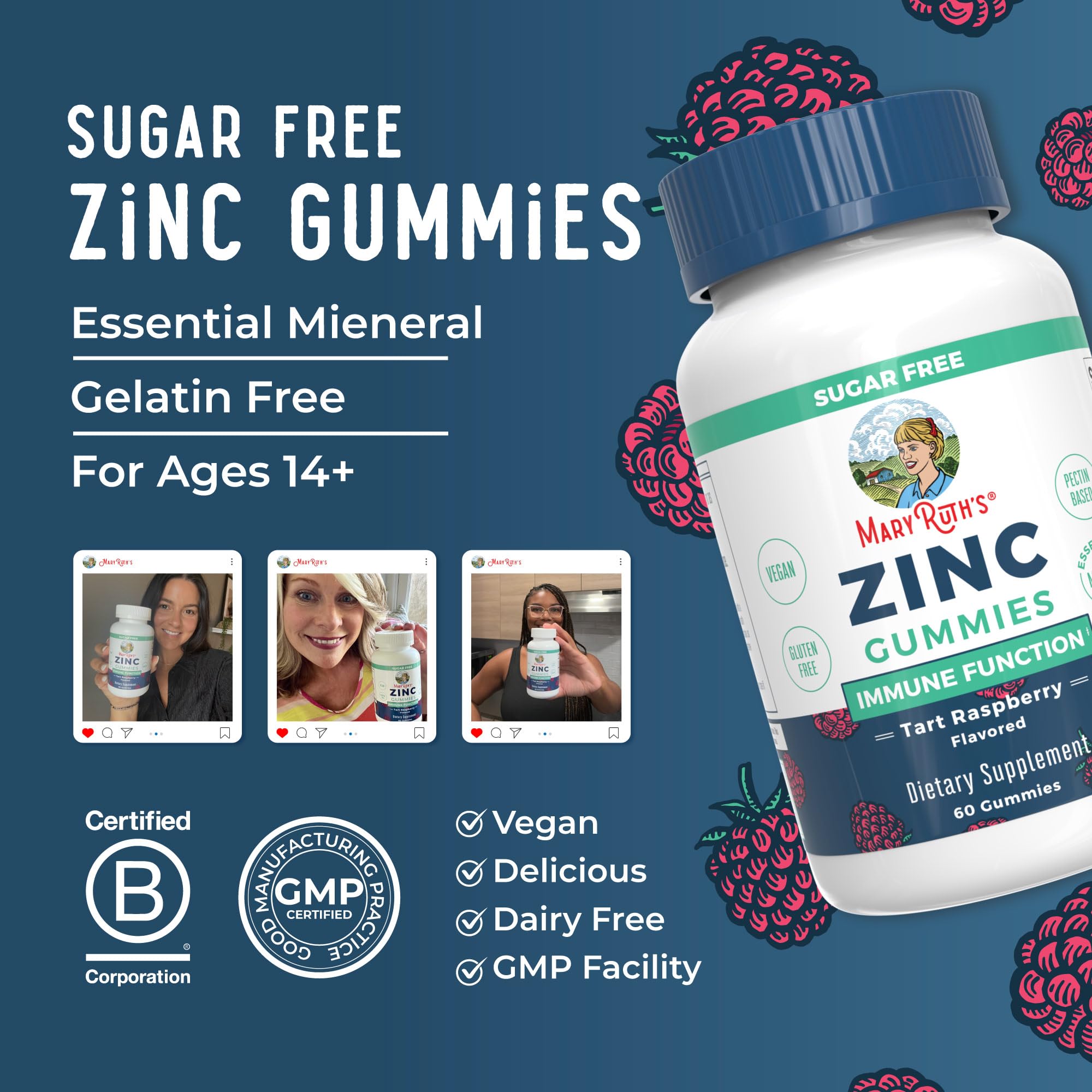 MaryRuth's Zinc Gummies packaging displays quality marks and seal