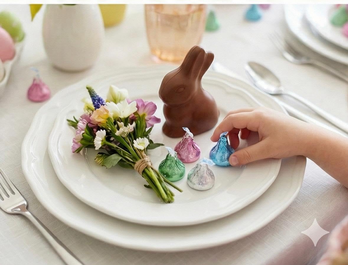 MASHBOX Hershey's Kisses Easter pastel candy buffet with blue pink and green wrappers.