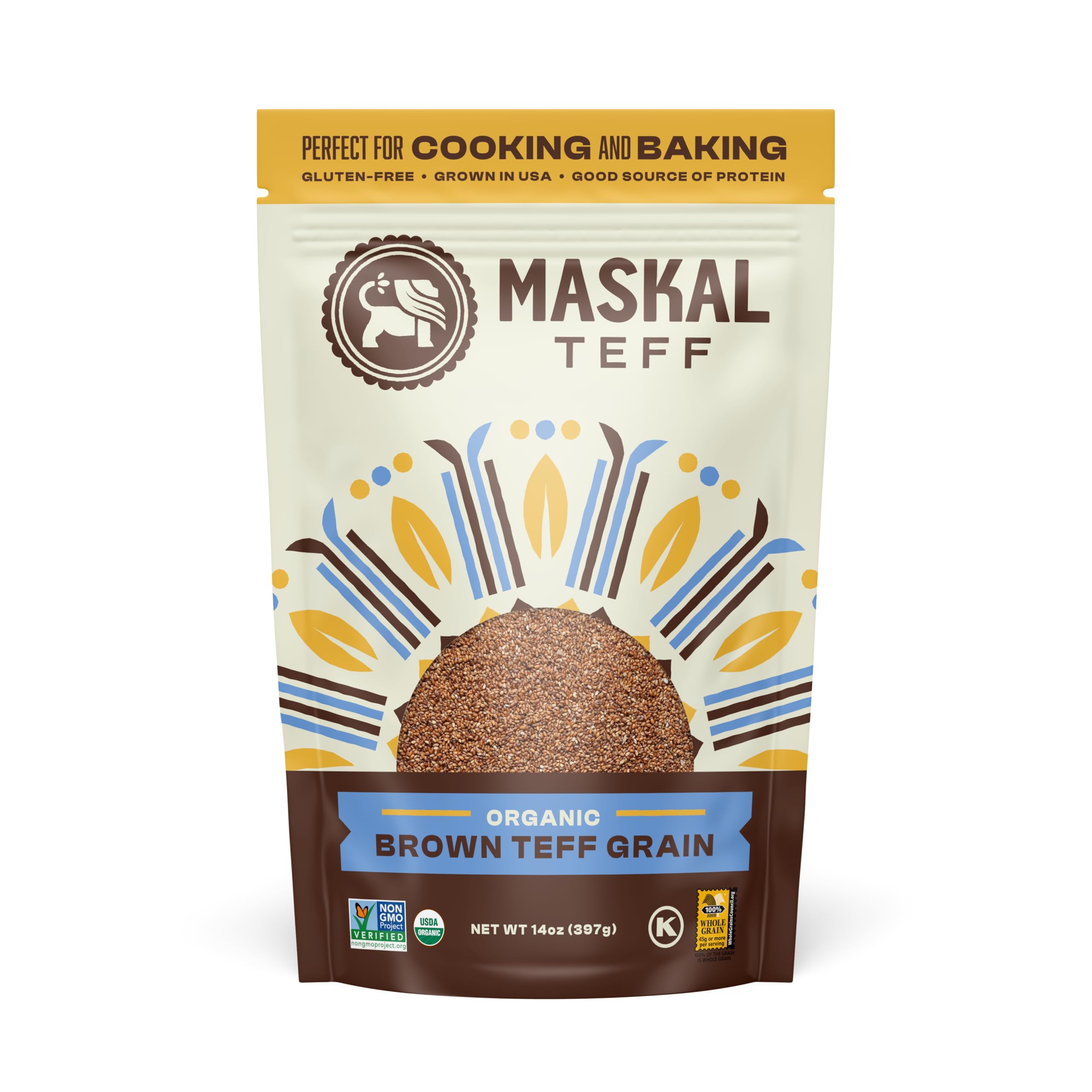 Maskal Teff organic brown teff grain in a bag with nutty aroma, great for gluten-free meals.