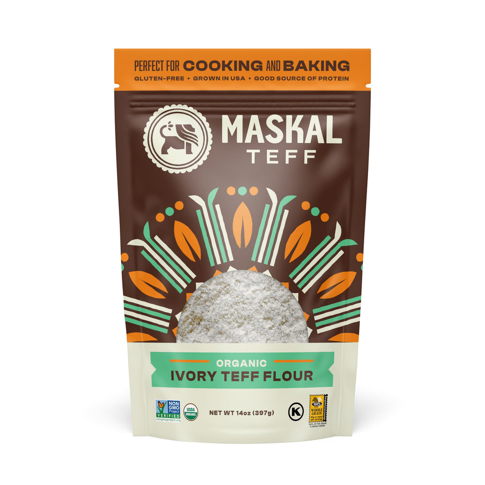 Maskal Teff Organic Ivory Flour bag shown for gluten-free baking versatility