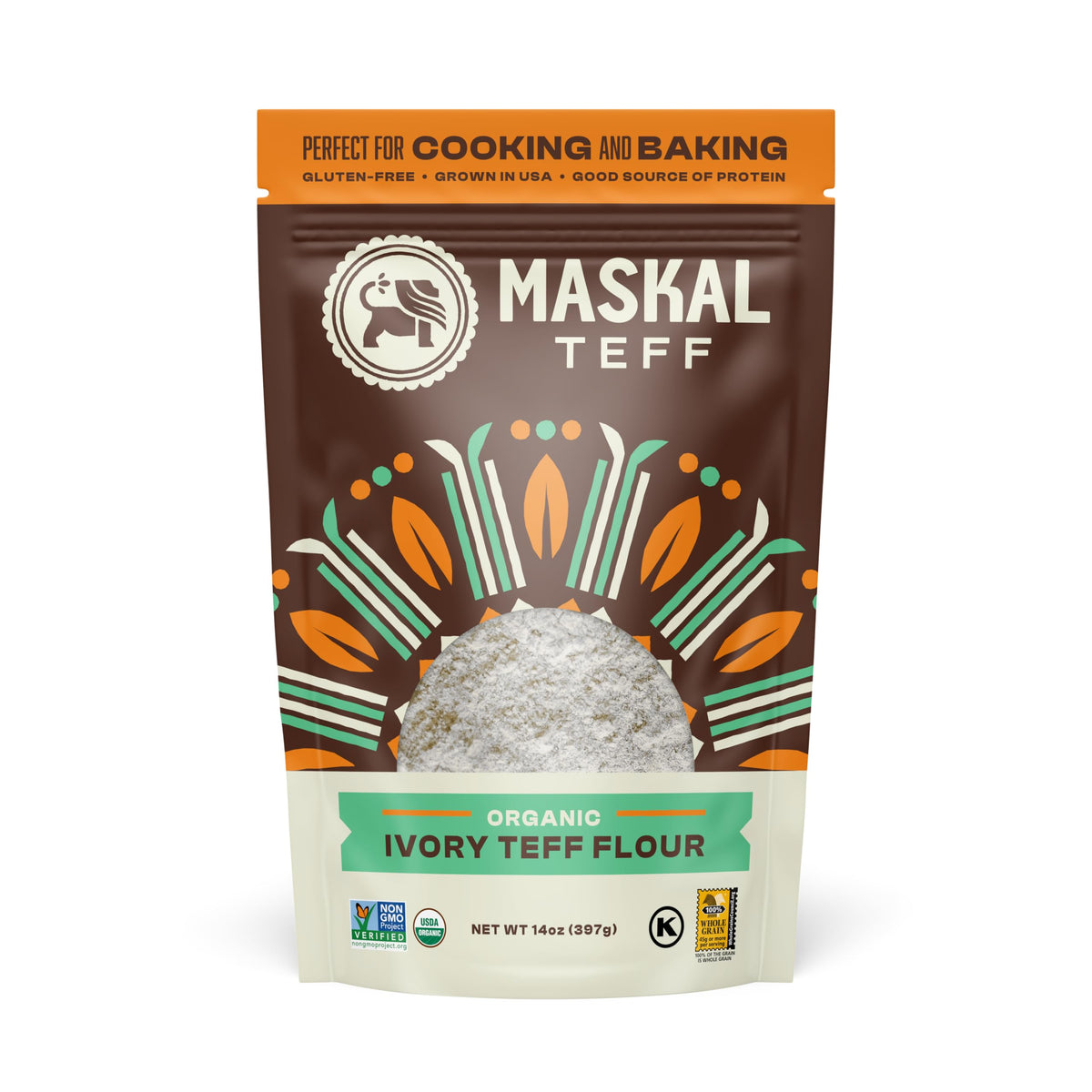 Maskal Teff Organic Ivory Flour bag shown for gluten-free baking versatility