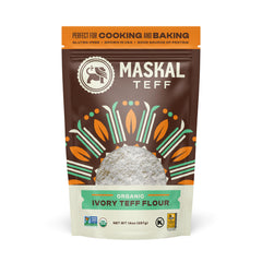 Maskal Teff Organic Ivory Flour bag shown for gluten-free baking versatility