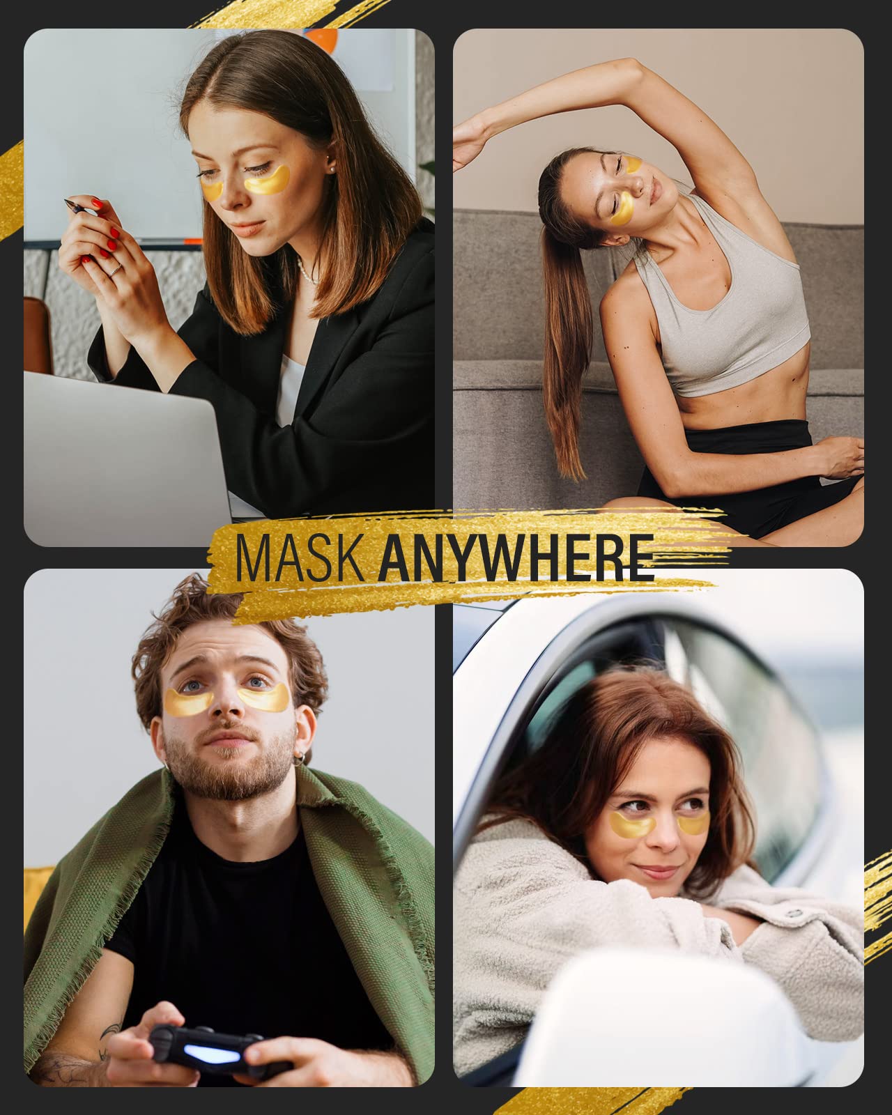 Maskiss 24k gold under-eye patches showcasing collagen for skin support.