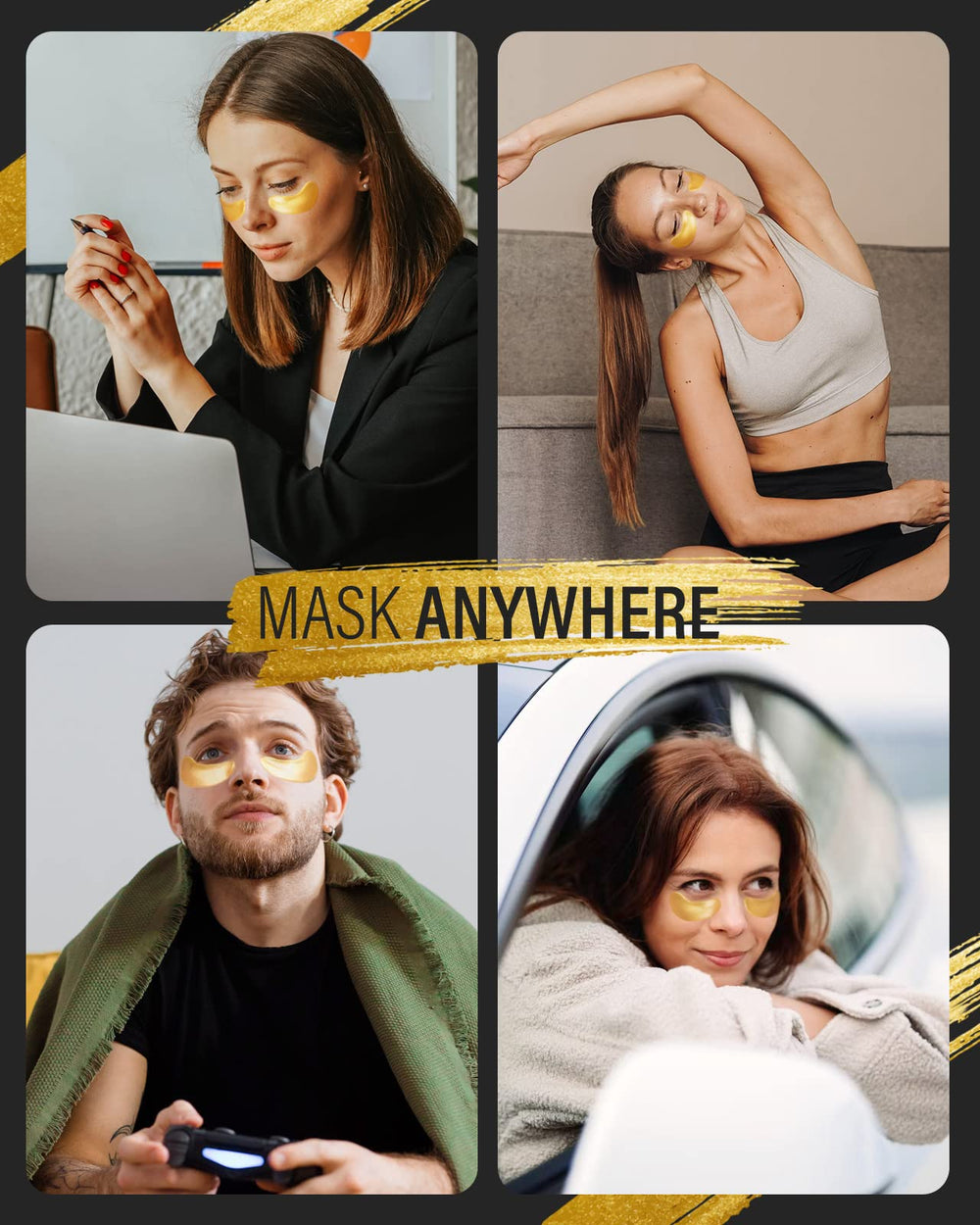 Maskiss 24k gold under-eye patches showcasing collagen for skin support.