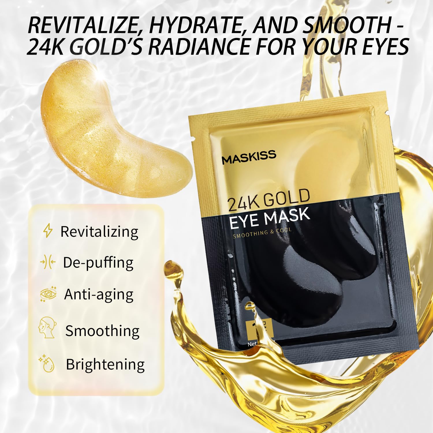Maskiss 24k gold under-eye patches with plant extracts for soothing care.
