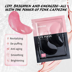 Maskiss caffeine eye patches close-up showing energizing formula for puffy eye relief.