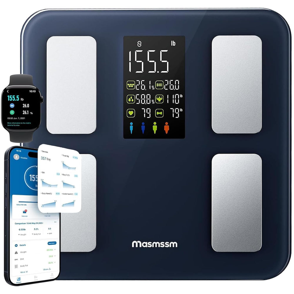 Masmssm Smart Scale front view with a large display for quick metric checks.