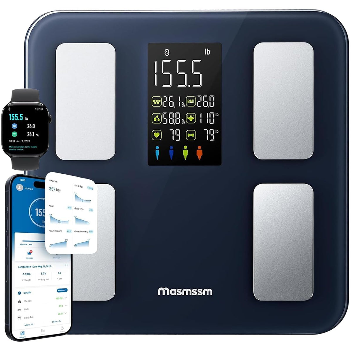 Masmssm Smart Scale front view with a large display for quick metric checks.