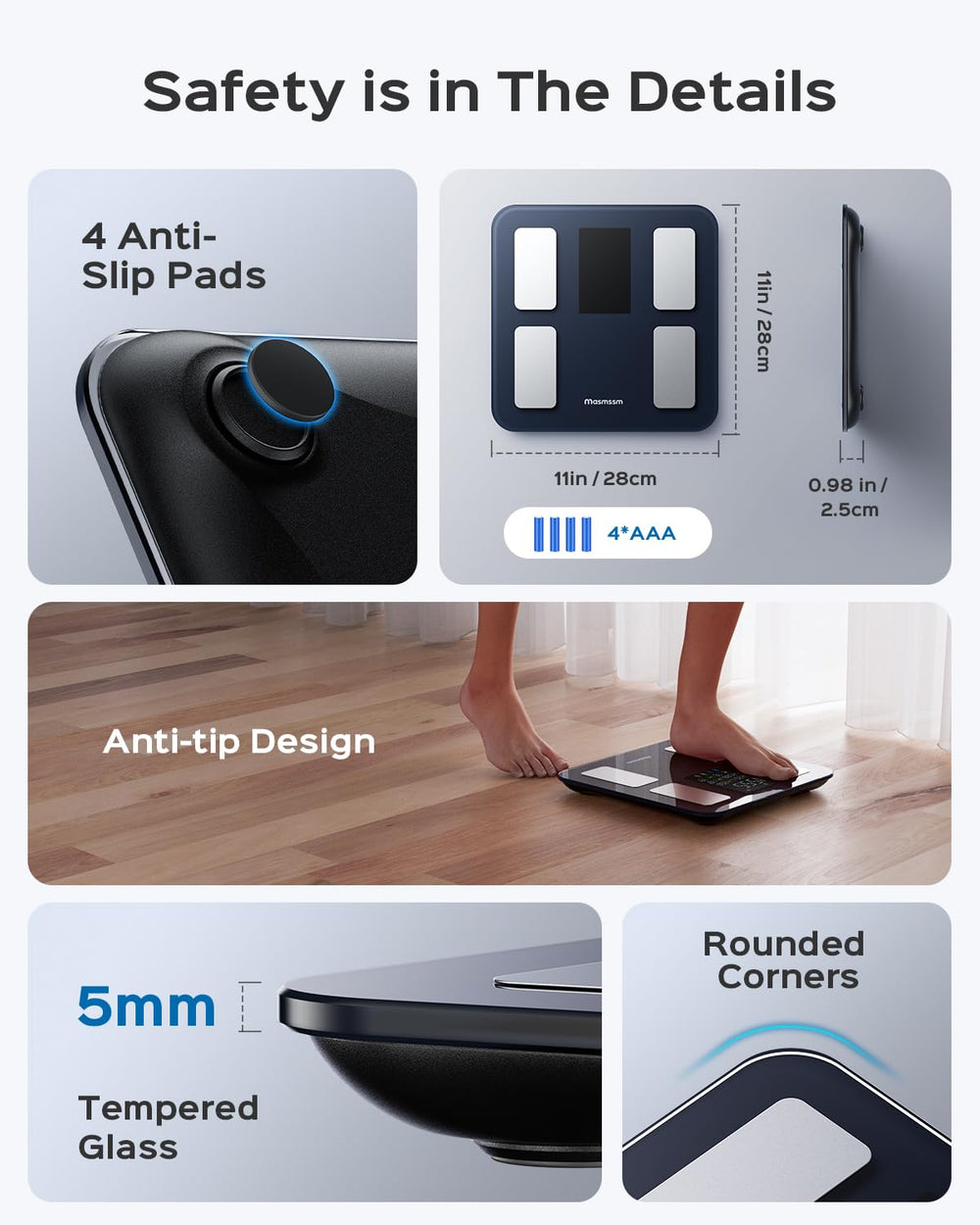 Masmssm Smart Scale high capacity supports up to 180 kg for diverse users.