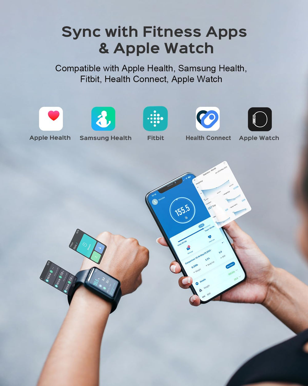Masmssm Smart Scale syncs with Apple Health, Samsung Health, and more.
