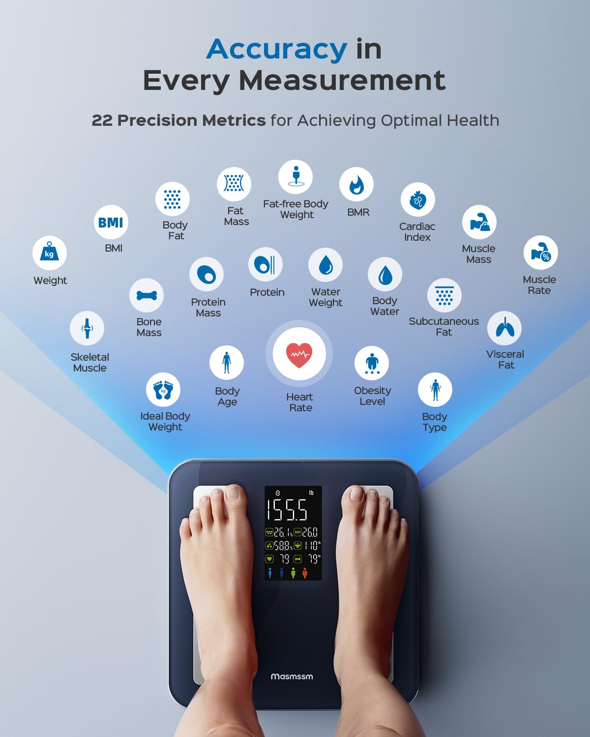 Masmssm Smart Scale tempered glass top ensures sturdy daily use.