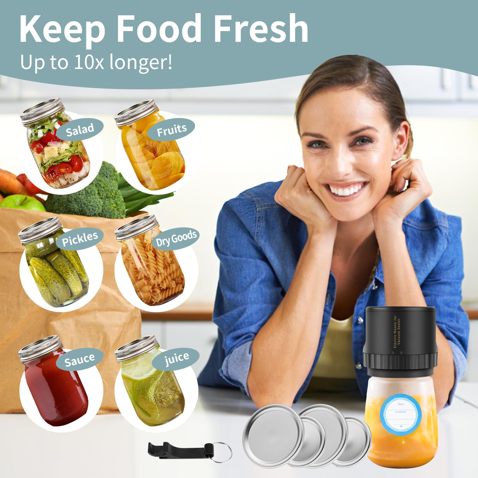 Mason Genie wide-mouth sealer shown with jars for versatile storage.
