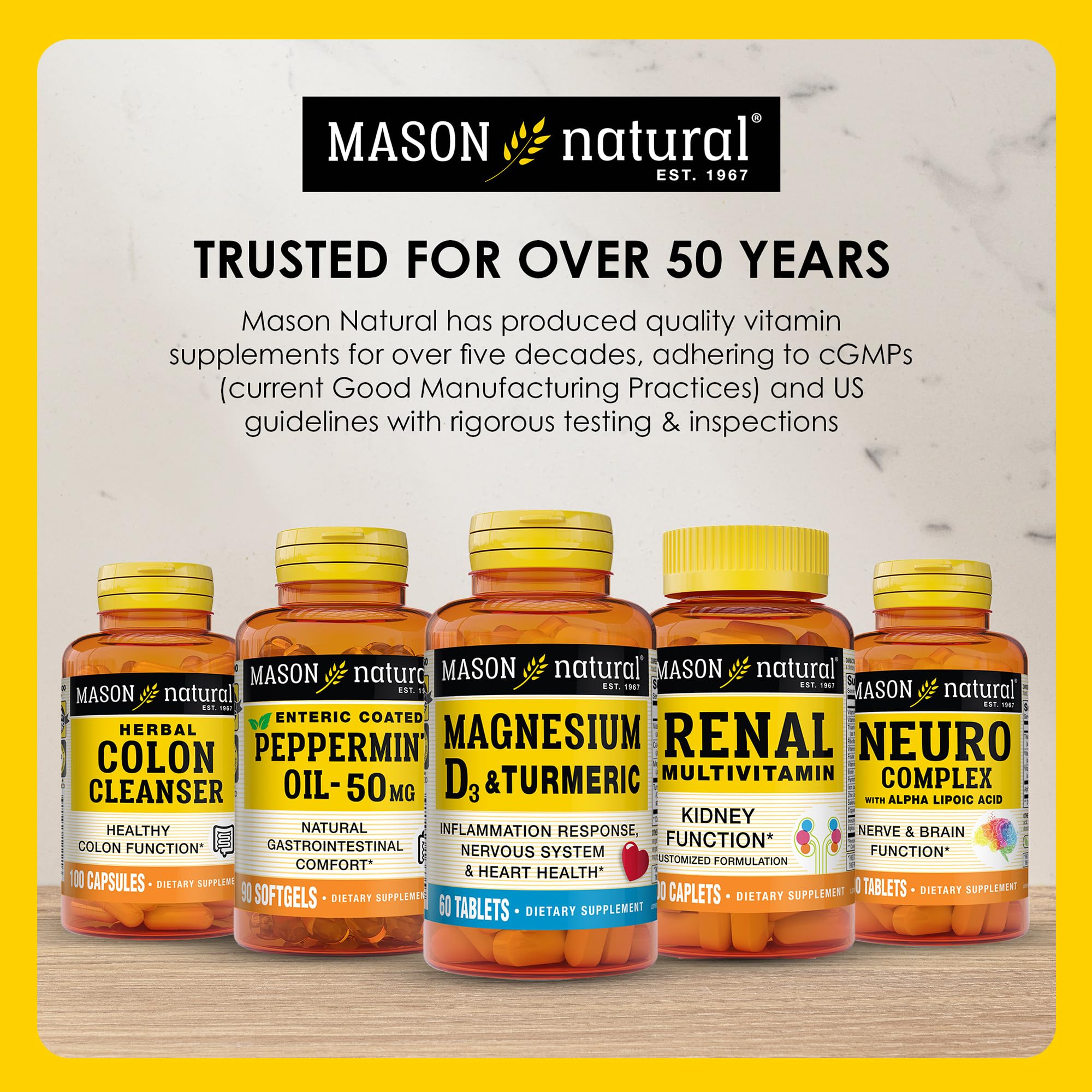 MASON NATURAL bottle with glass water suggests taking with meals.