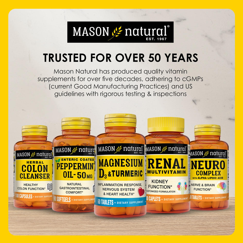 MASON NATURAL bottle with glass water suggests taking with meals.