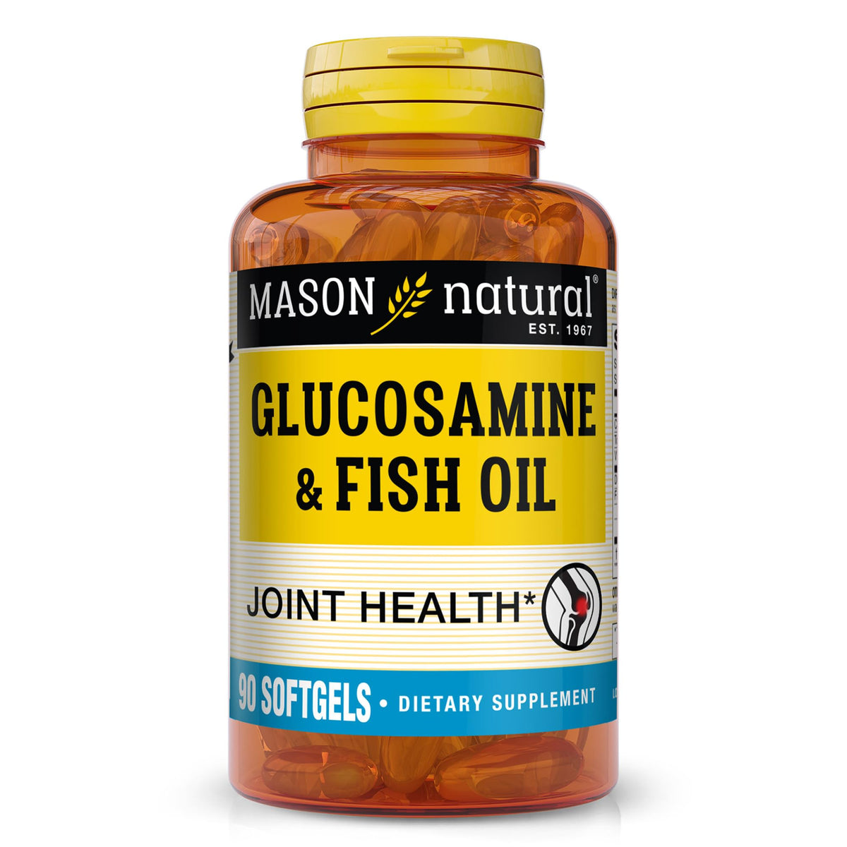 MASON NATURAL glucosamine-fish oil bottle promotes joint comfort during daily activities.
