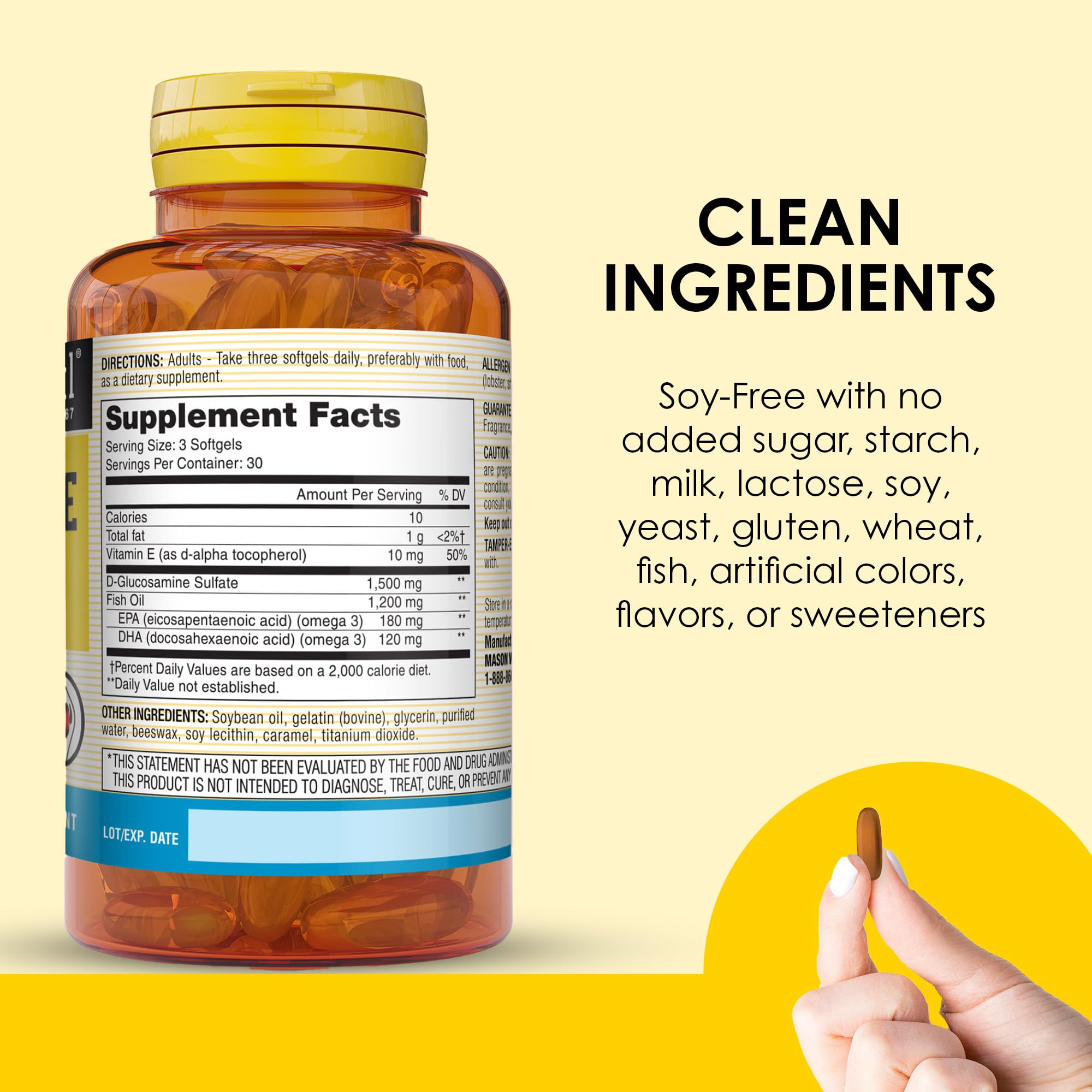 MASON NATURAL softgel capsules closeup emphasizes clean ingredients and transparency.
