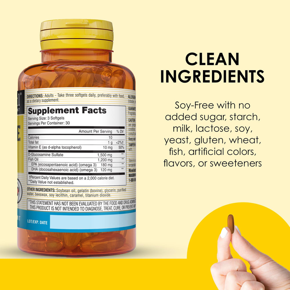 MASON NATURAL softgel capsules closeup emphasizes clean ingredients and transparency.