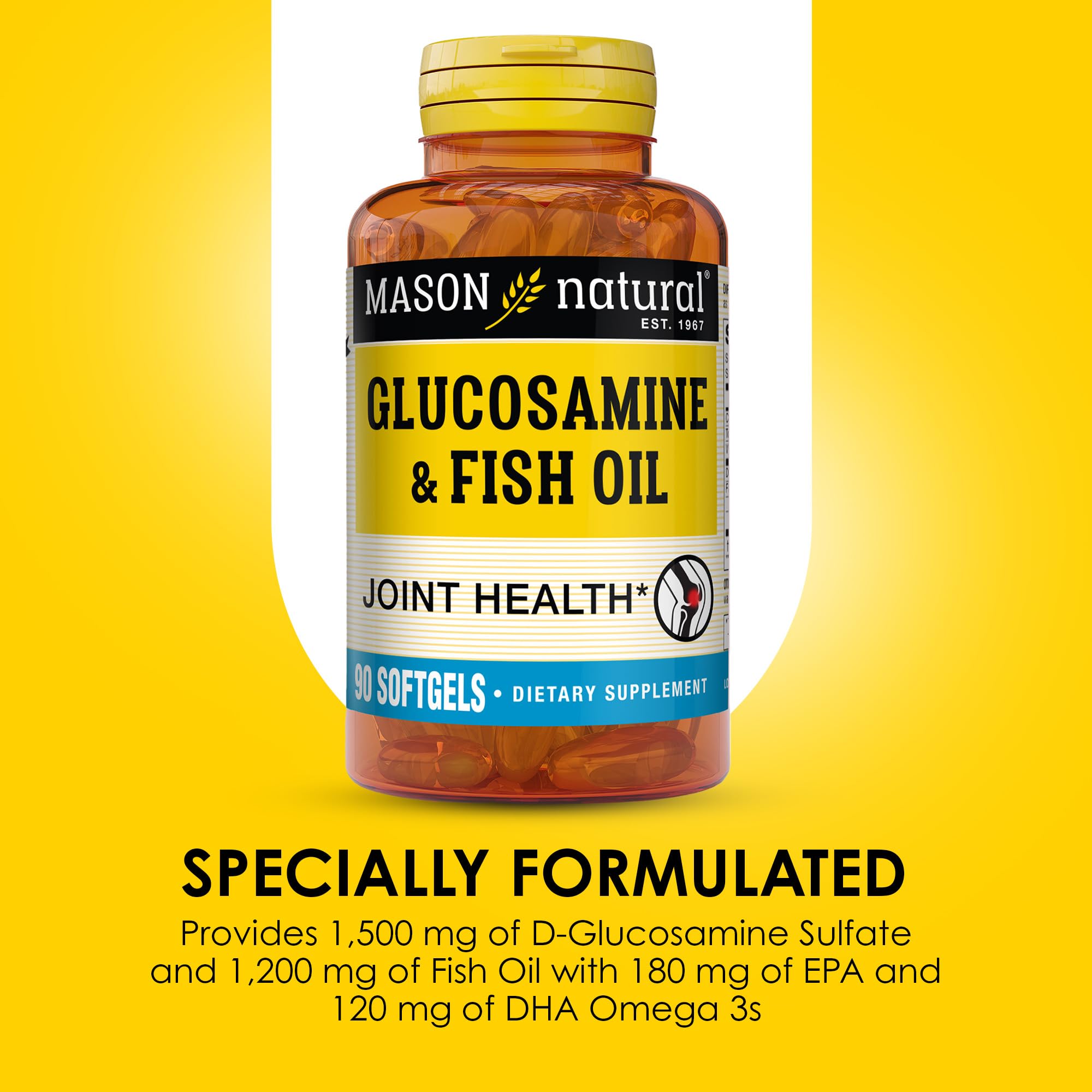 MASON NATURAL supplement facts panel clarifies glucosamine and omega-3 amounts.