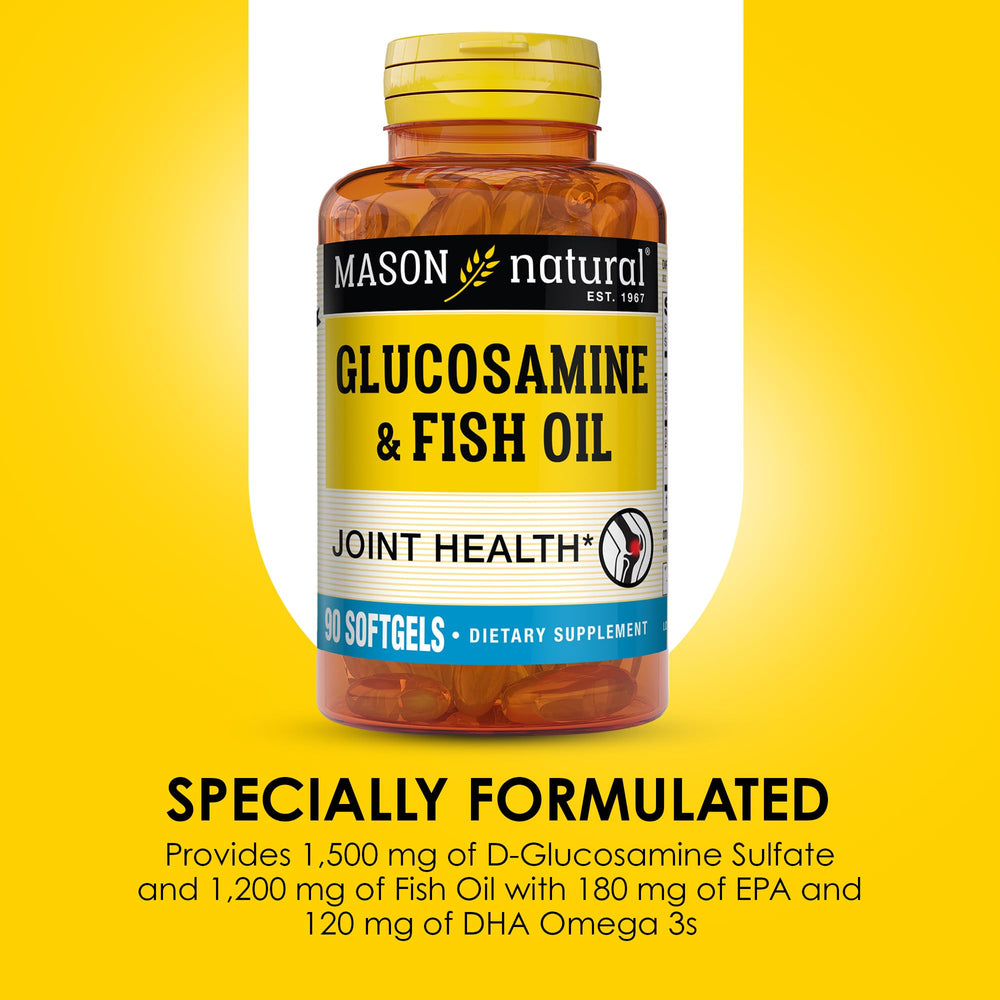 MASON NATURAL supplement facts panel clarifies glucosamine and omega-3 amounts.