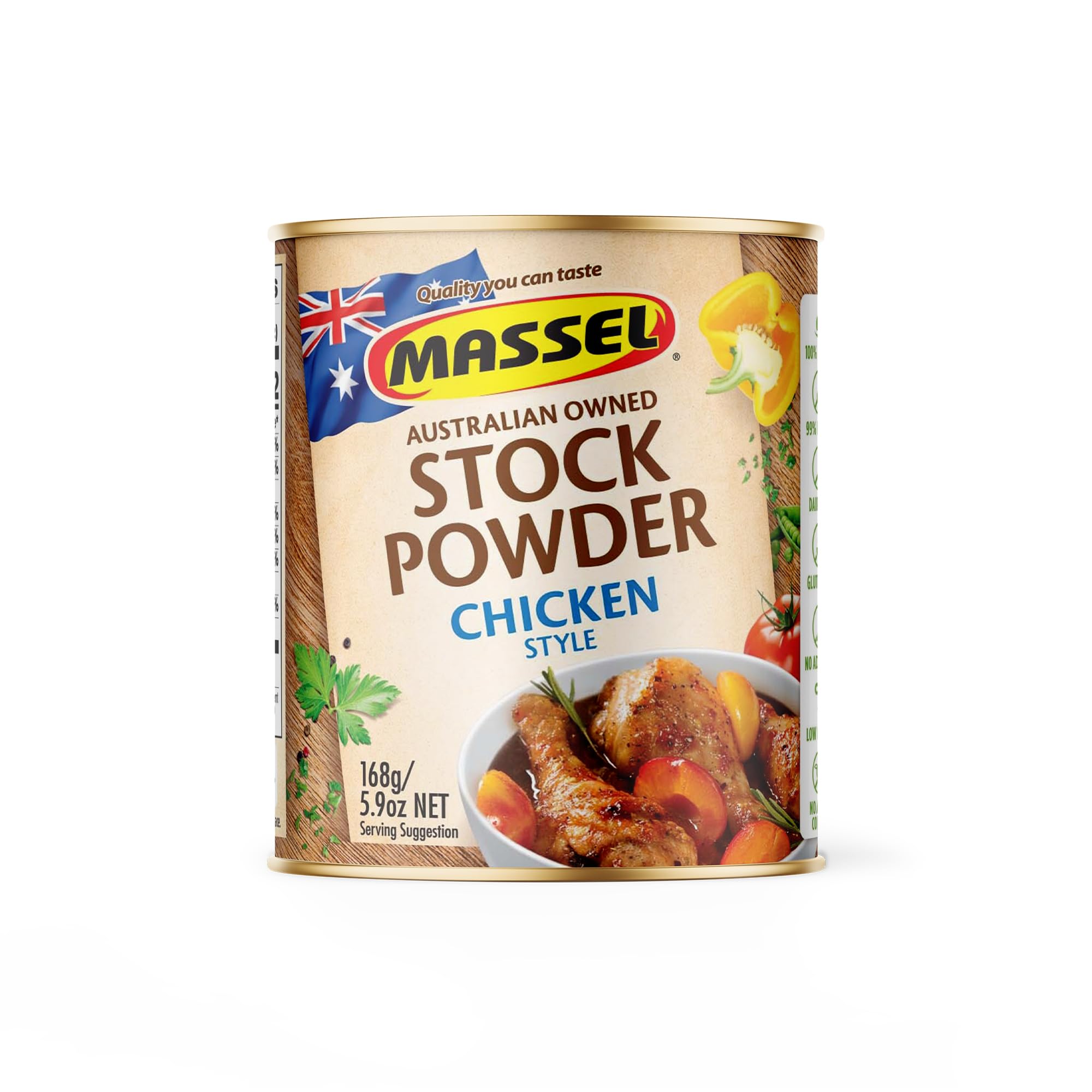 Massel Chicken Style Bouillon Powder bottle, a vegan broth base for soups.