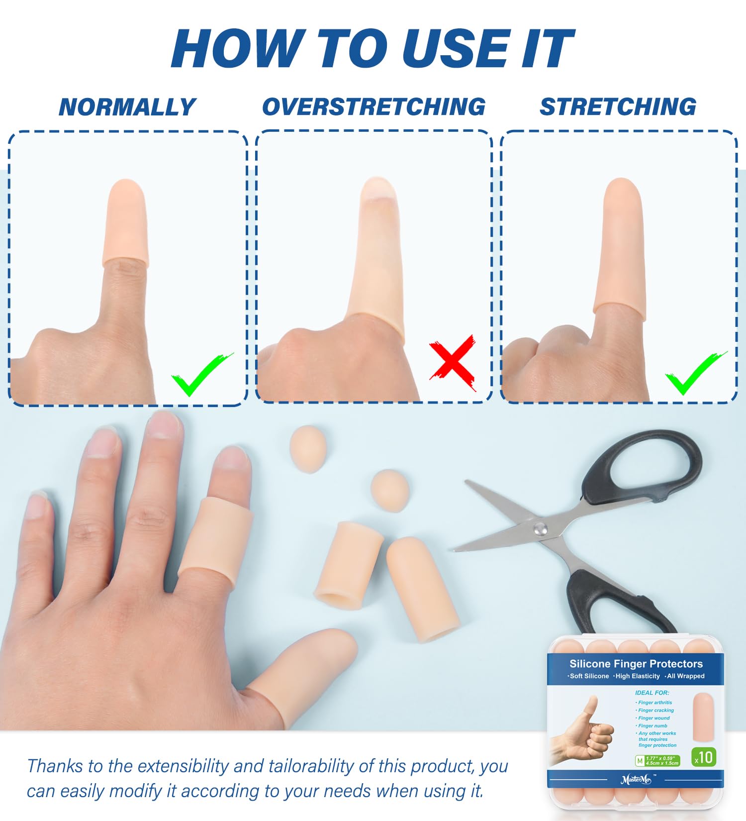 MasterMo Gel Finger Cots packaging outer image, highlights a 10-pack value.
