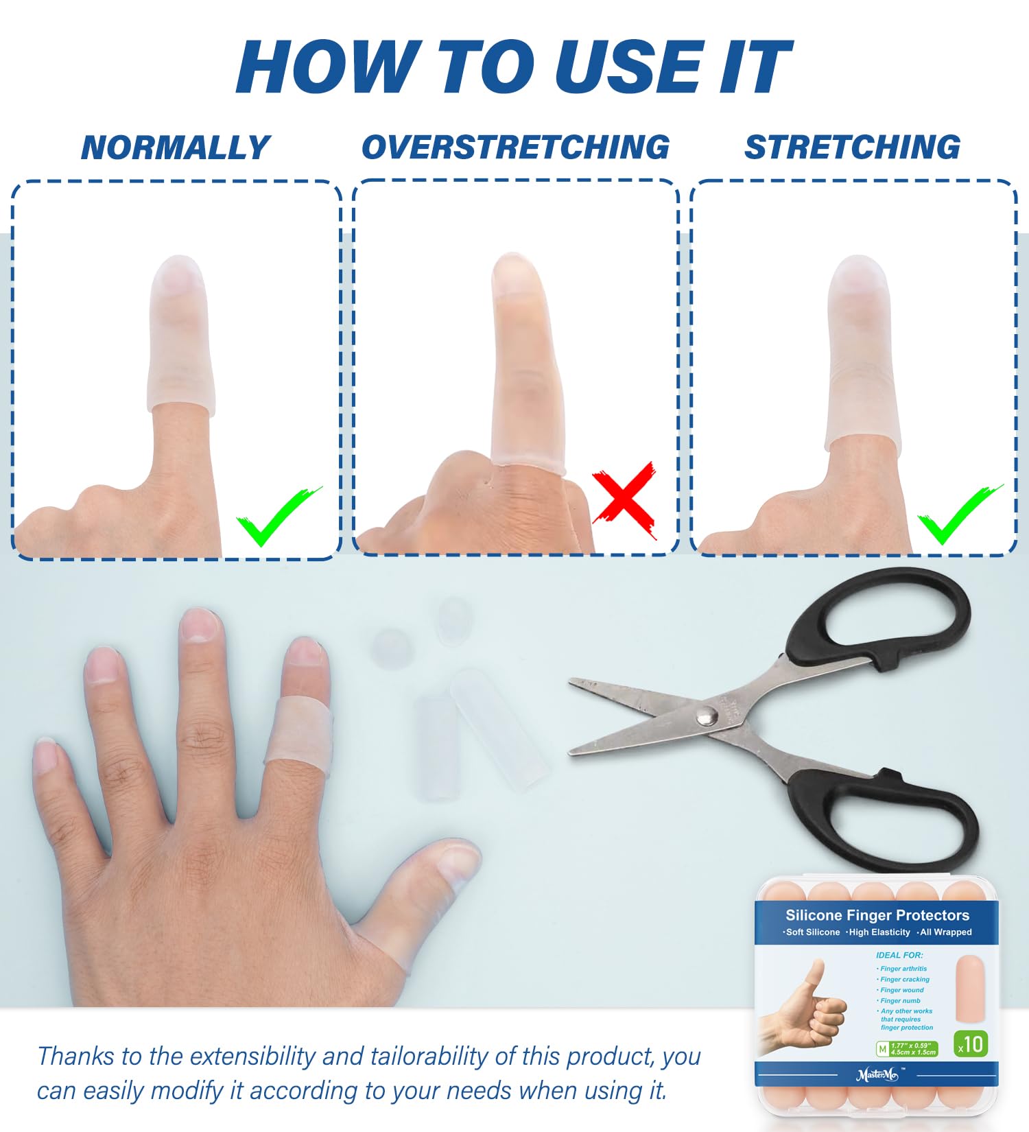 MasterMo finger caps protect fingertips during typing, crafting, and painting.