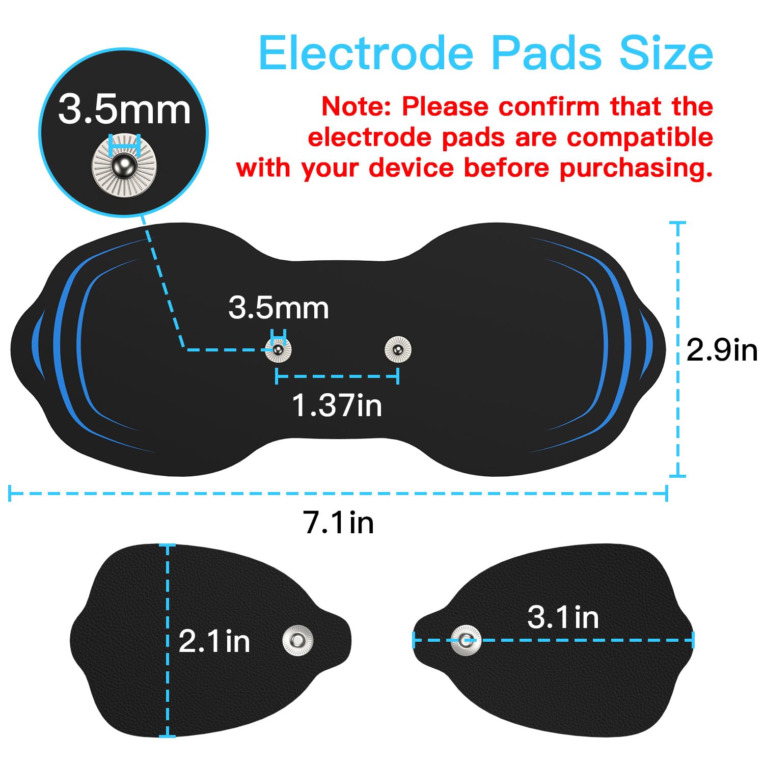 MASTOGO tens unit pads, 7.14 x 3.1 inches, compatible with standard snap connectors.