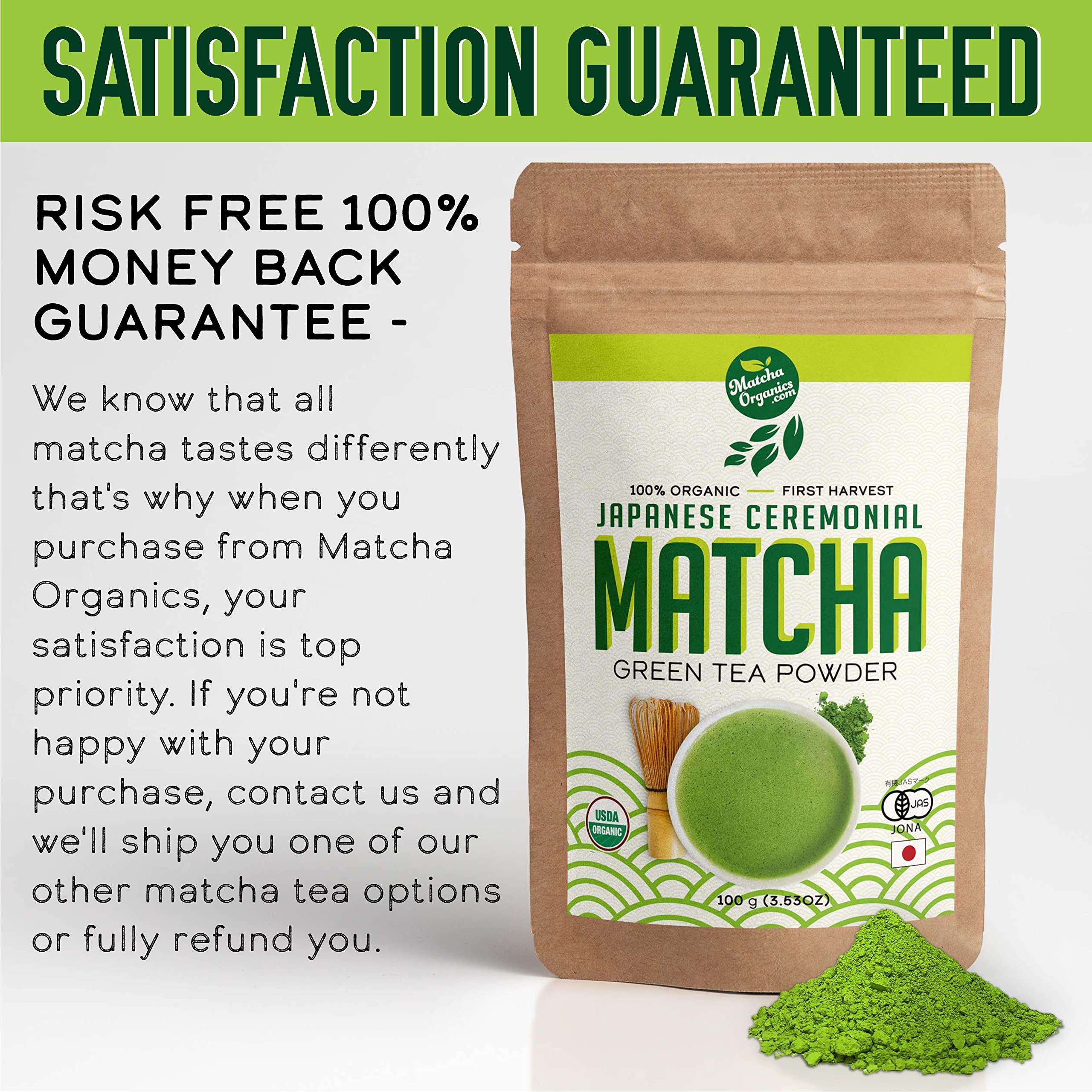 Matcha Organics close-up shows vibrant green color and fine texture.