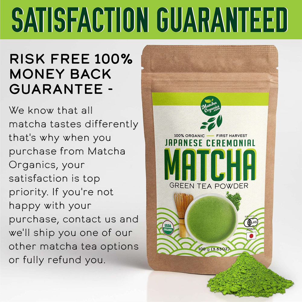Matcha Organics close-up shows vibrant green color and fine texture.