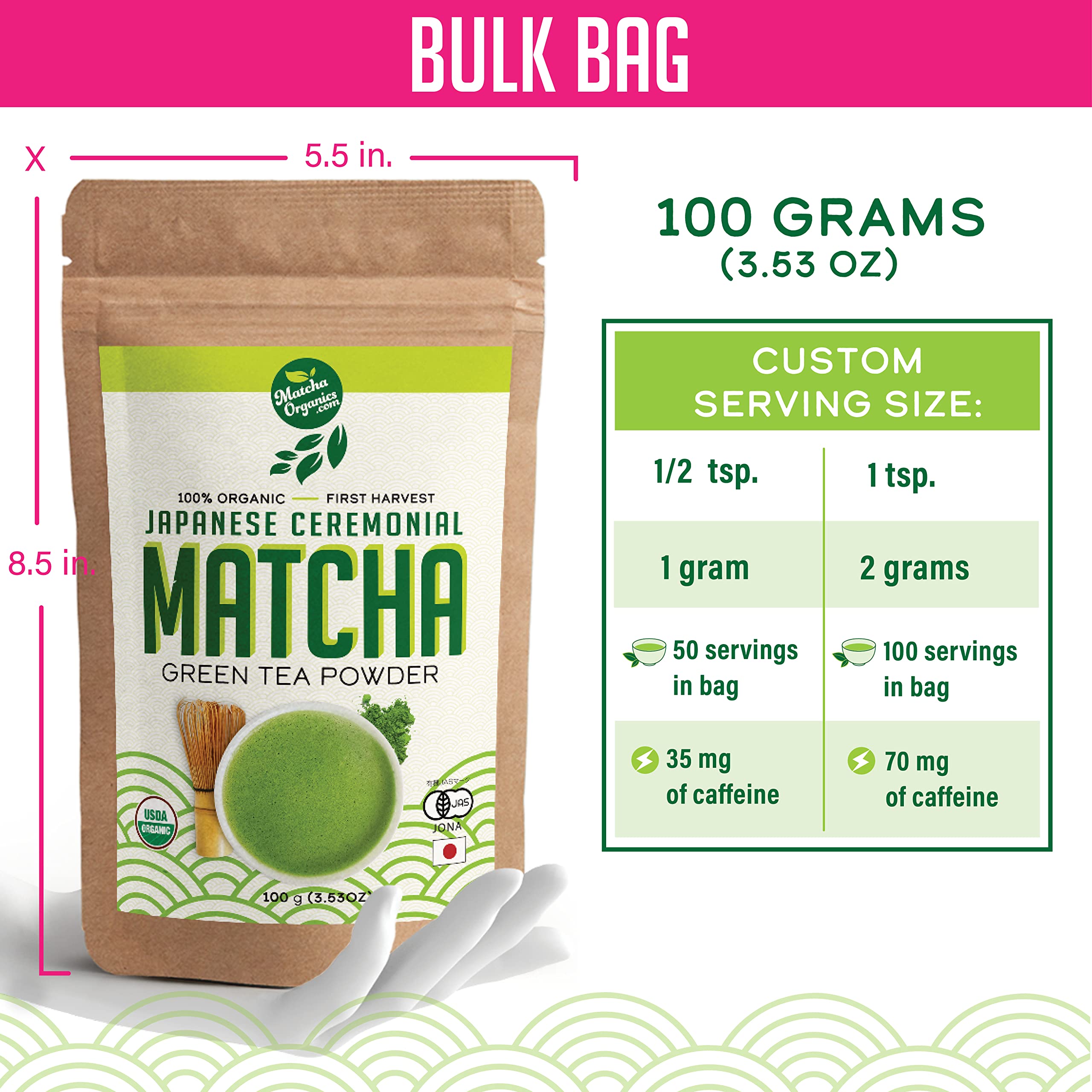 Matcha Organics ceremonial-grade organic powder packaged for everyday use.