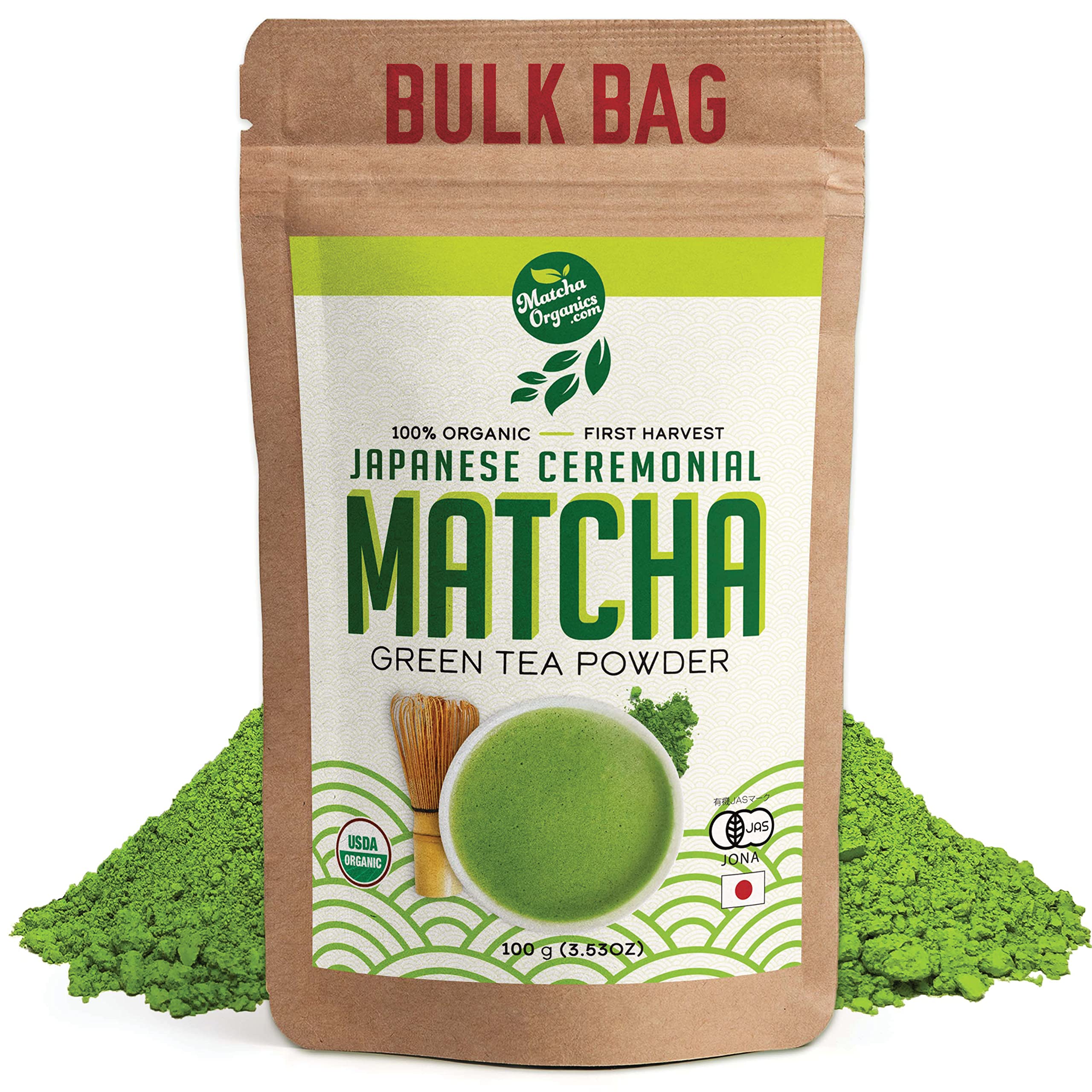 Matcha Organics ceremonial matcha powder in a jar, ideal for energizing lattes and smoothies.