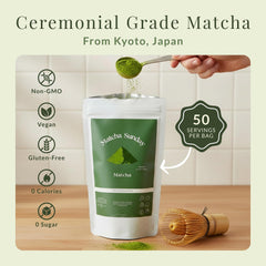 Matcha Sunday fine powder closeup, vibrant green texture suitable for ceremonial preparation.