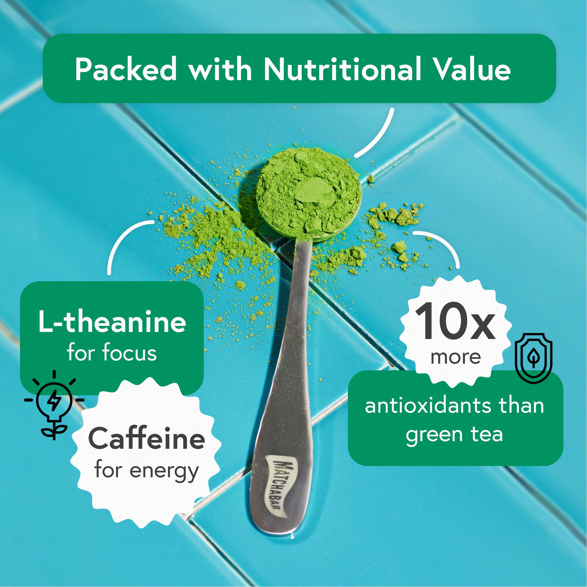 MATCHABAR caffeine and L-theanine pairing shown with whisk and cup.