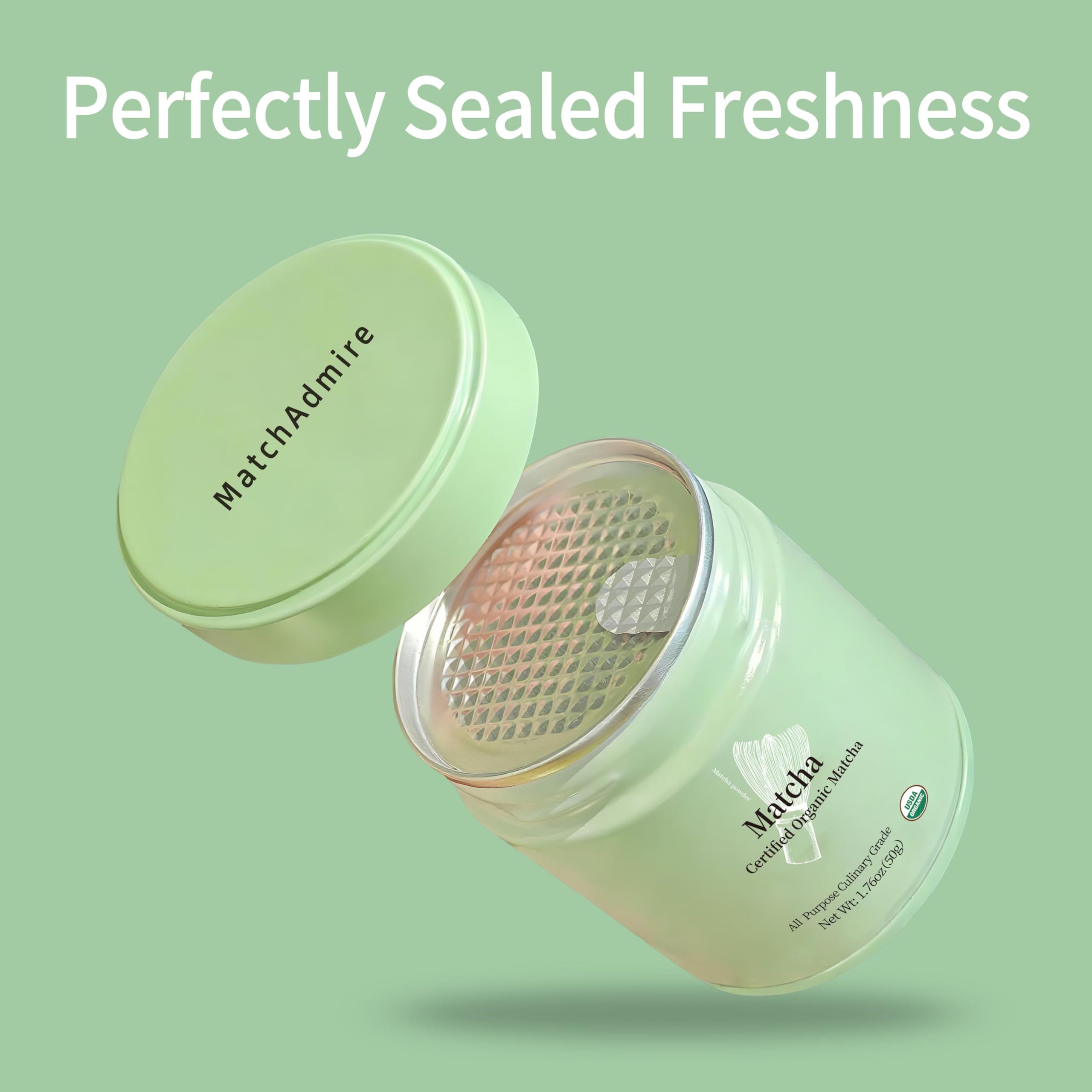 MatchAdmire Matcha Premium First Harvest label — organic, vegan, and non-GMO certification