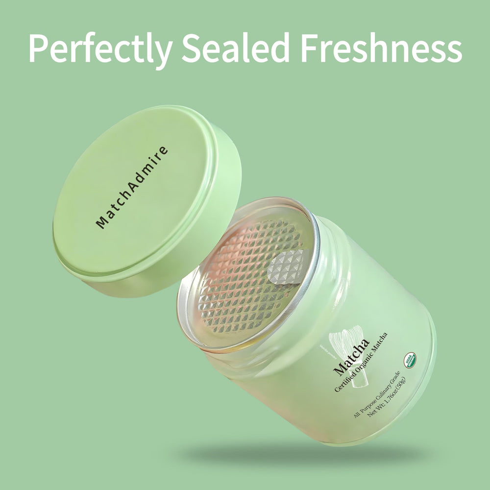 MatchAdmire Matcha Premium First Harvest label — organic, vegan, and non-GMO certification