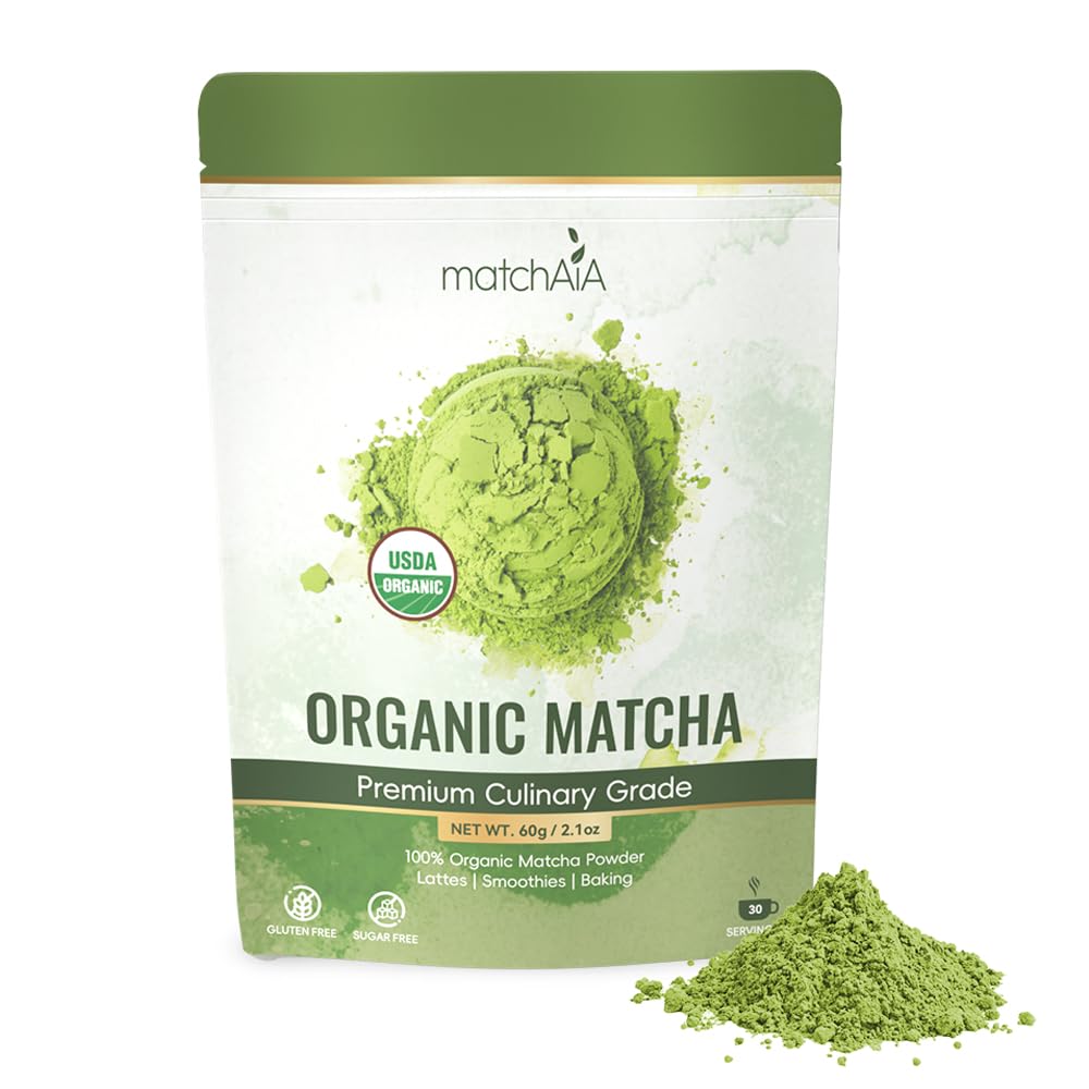 MatchAiA Organic Matcha 60g pouch shows vibrant emerald powder ideal for lattes and smoothies.
