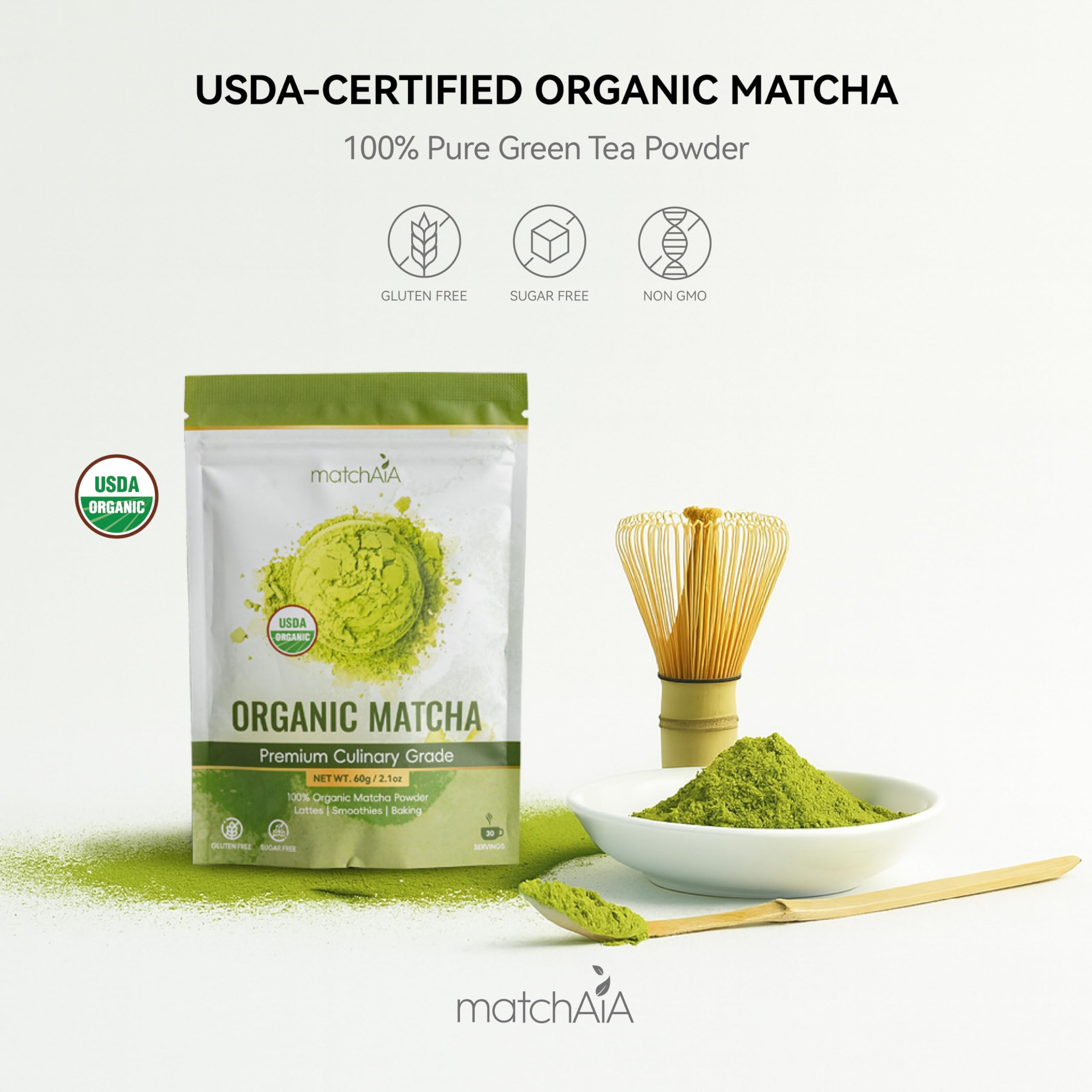 MatchAiA matcha powder in a scoop over a bowl highlights bright color and aroma.