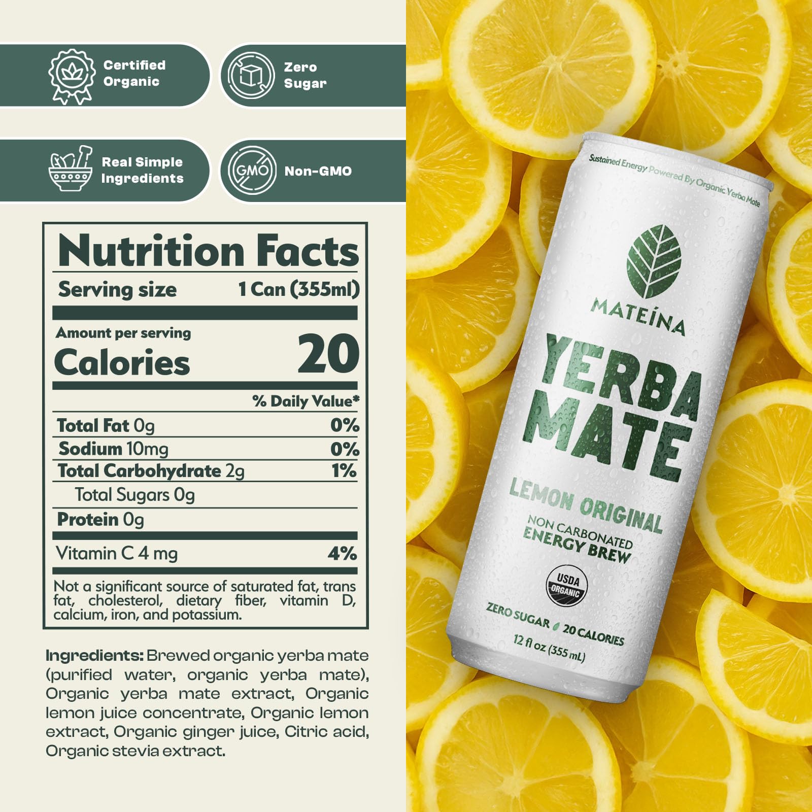 Mateina Lemon Original label close-up highlighting refreshing flavor without artificial additives.