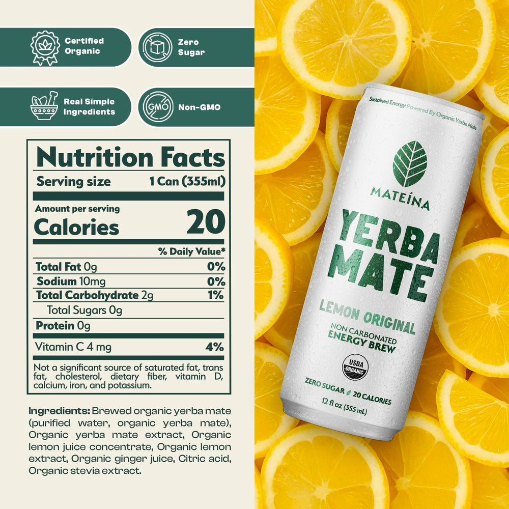 Mateina Lemon Original label close-up highlighting refreshing flavor without artificial additives.
