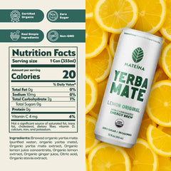 Mateina Lemon Original label close-up highlighting refreshing flavor without artificial additives.