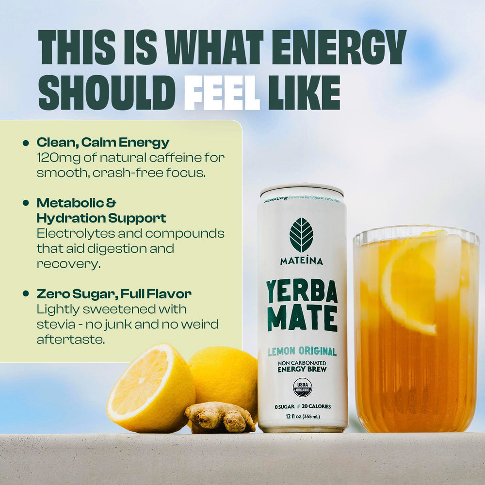 Mateina organic-certified yerba mate seal conveys natural, pesticide-free energy.