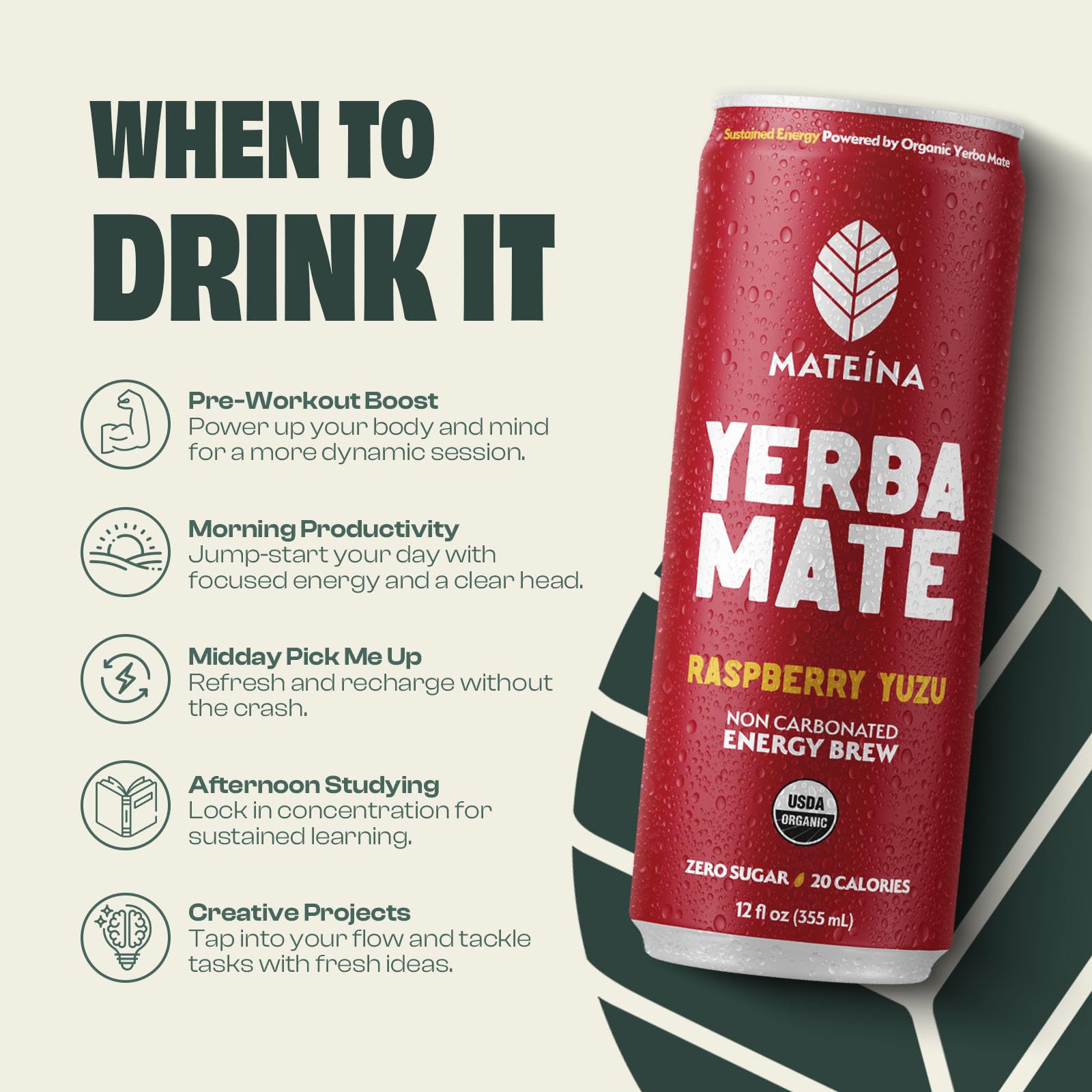 Organic, smoke-free air-dried yerba mate graphic emphasizing natural sourcing.