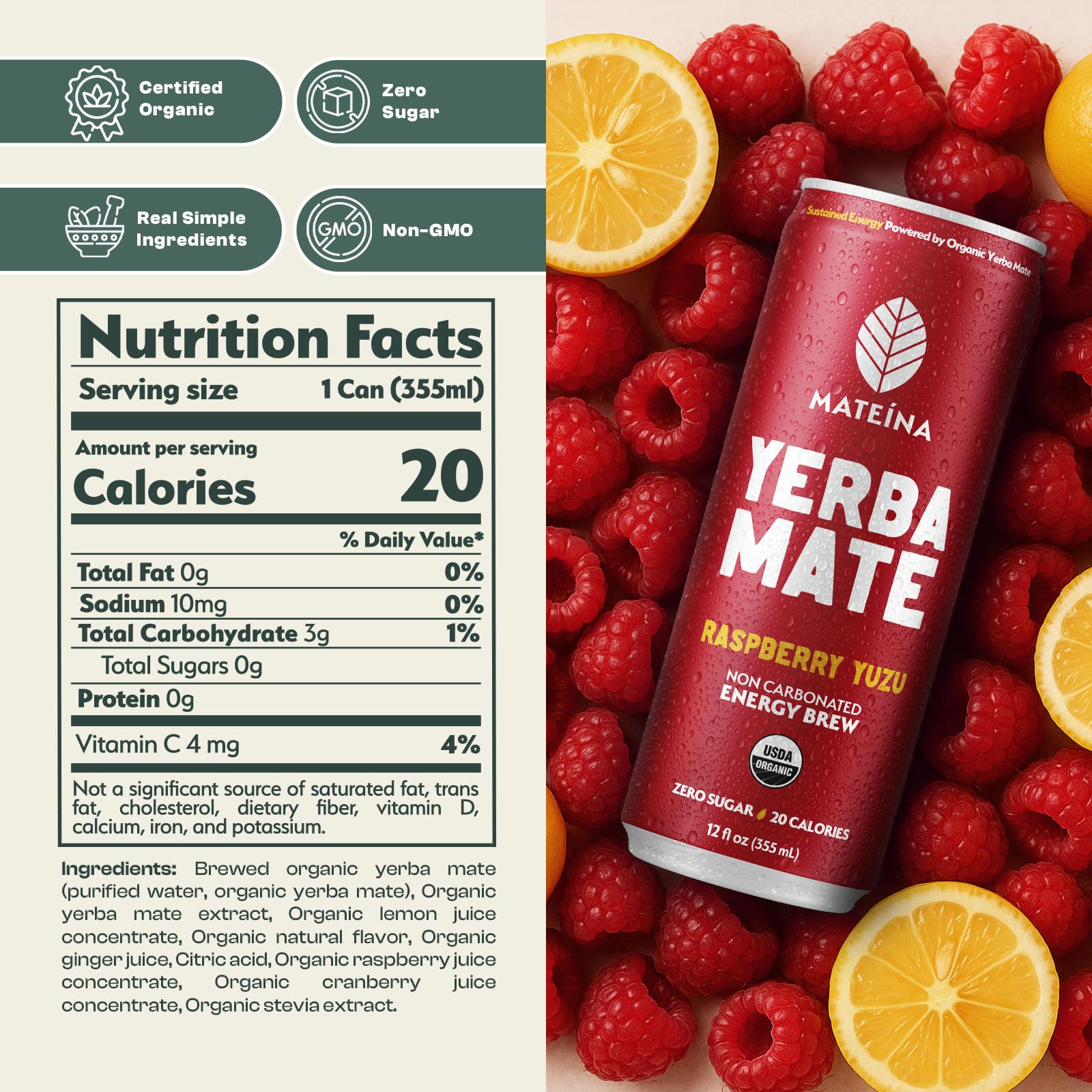 Mateina Yerba Mate Raspberry Yuzu can side view, compact and portable for on-the-go focus.