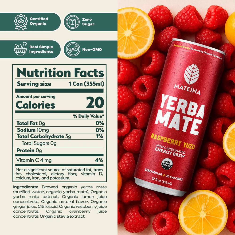 Mateina Yerba Mate Raspberry Yuzu can side view, compact and portable for on-the-go focus.