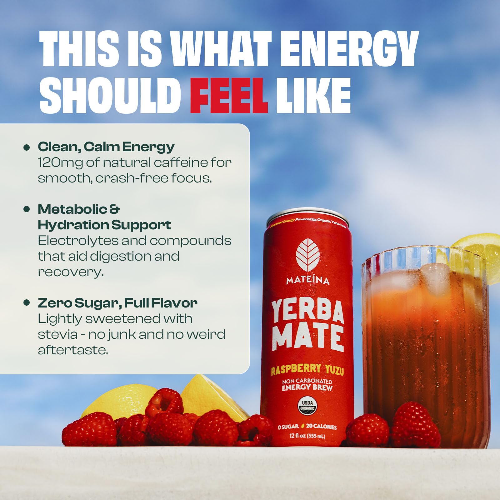 Mateina Raspberry Yuzu pour shot demonstrates smooth, non-carbonated energy without a caffeine crash.