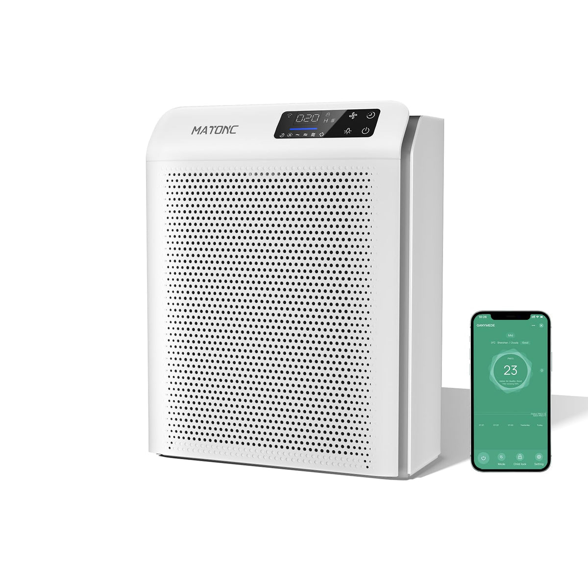 MATONC air purifier for wide-area coverage in a living room using powerful filtration.