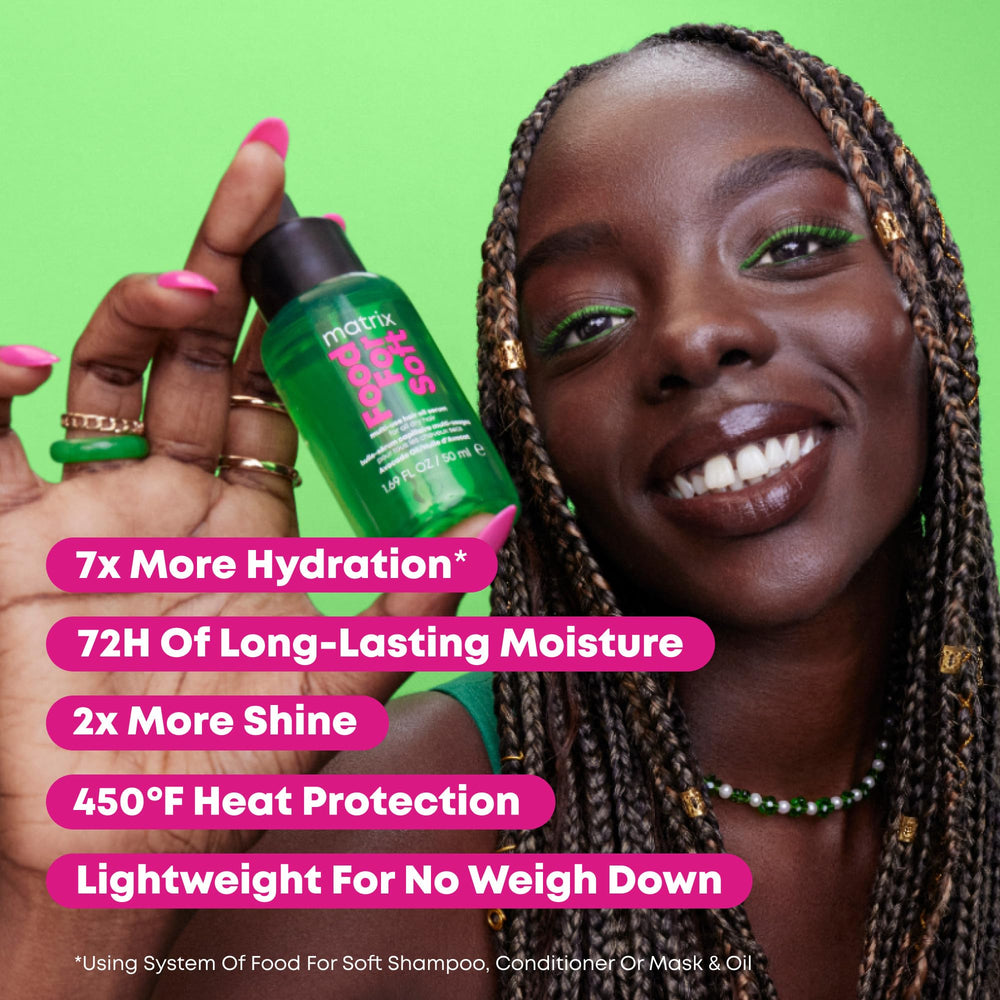 MATRIX Food For Soft Hair Oil applied to dry hair adds light shine and smoothness