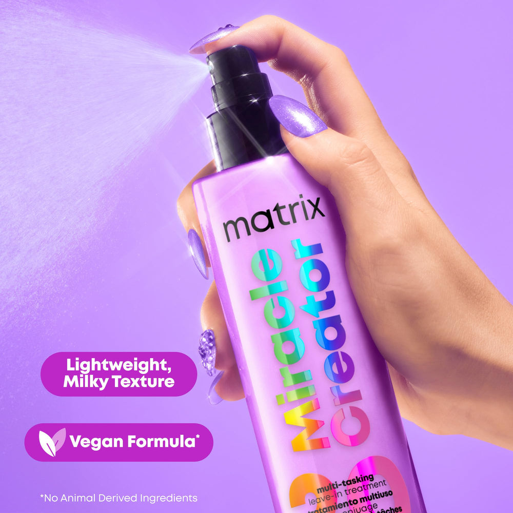 Matrix Miracle Creator leave-in spray demonstrates color fade protection for vibrant results.